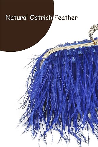 Women Real Natural Ostrich Feather Evening Bags Purses Clutch Vintage Banquet Handbag - color: Blue