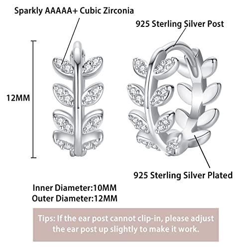 14K Gold Huggie Earrings for Women Silver Huggie Hoop Earrings Cubic Zirconia Huggie Earrings Stud Earrings Lightweight Dainty Hypoallergenic Earrings Jewelry Gifts - color: Silver Olive Leaf CZ Huggie Earrings