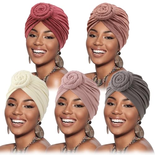DRESHOW 5 Pack Knotted Headwraps for Women African Turban Pre-Knotted Beanie Headwraps Hair Covers - color: 5 Pack Donuts: Beige/Light Pink/Fuchsia/Brown/Light Purple