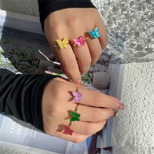 8Pcs Colorful Vintage Bohemian Acrylic Butterfly Knuckle Rings Set for Women Cute Open Adjustable Cuff Circle Finger Thumb Animal Ring Retro Boho Insect Jewelry - color: G 6pcs-1