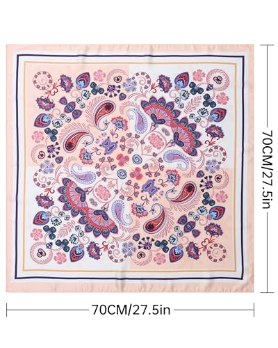 AWAYTR 27.5” Square Satin Head Scarf Hair Scarf for Women's Hair Silk Bandana for Women Silk Head Wrap for Sleeping - color: Cashew Print (Pink)