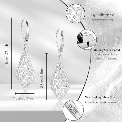 Dangle Earrings for Women, 14K Gold Plated Filigree Dangling Leverback Earrings, Silver Geometric Hypoallergenic Lightweight Dangly Drop Earings for Women Trendy Jewelry Gifts - color: A-Silver