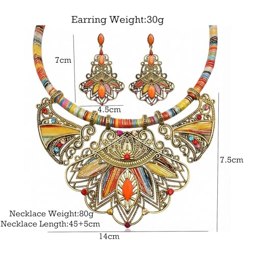African Tribal Jewelry Set for Women - 2pcs Chunky Colorful Boho Vintage Statement Necklace Earrings Bib Choker Festival Costume Ethnic Accessories - style: Gold Style