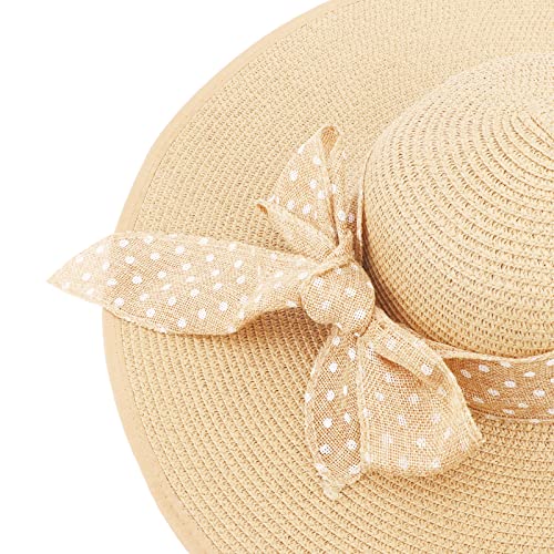 DRESHOW Beach Hats for Women Big Straw Wide Brim Summer Hat Floppy Foldable Roll up Cap Sun Hat UPF 50+ - color: 1 Pc：beige+white Dot Hat, 4.7" Brim