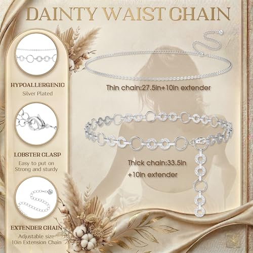 Florideco Waist Chain Belt for Women, Layered Belly Chain, Waterproof Boho Pearl Concho Cuban Body Chain, Adjustable Summer Beach Coachella Fashion Jewelry for Jeans Dresses - style: Silver Plated-Circle Chain