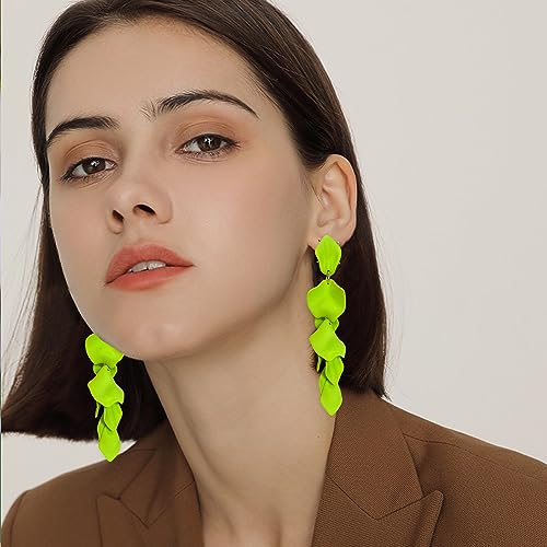 Long Acrylic Rose Petal Earrings Dangle Exaggerated Flower Earrings Drop Statement Floral Tassel Earrings for Women - color: Neon Green