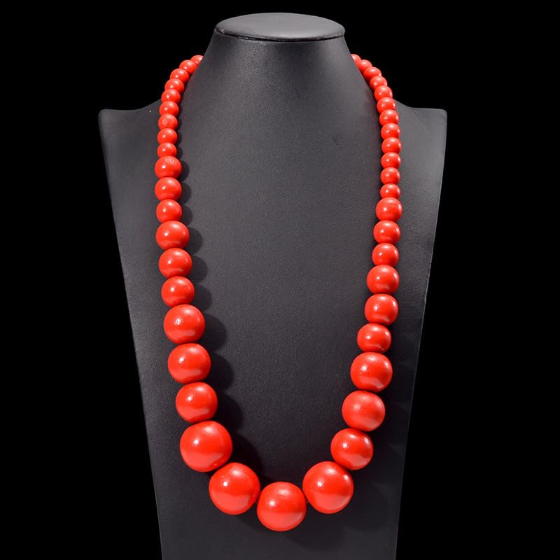 Fuqimanman2020 Chunky Large Simulated Pearl Choker Necklace Drop Dangle Earrings Crystal Bib Big Round Beaded Strand Multicolor Costume Statement Wedding Jewelry Set for Women Brides - color: Wooden Red