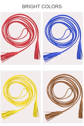 TeeYee Waist Belt Woven Knitted Rope/Chain PU leather 3 Pieces Tassel Rope Skinny Belt - color: 066redyellowblue