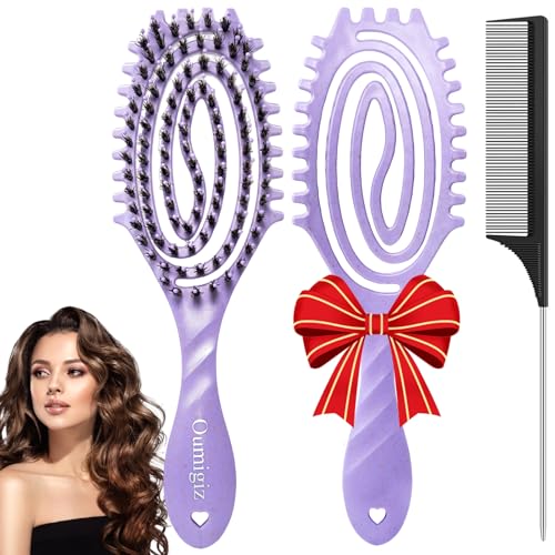 Curl Defining Hair Brush for Curly Hair Fast Blow Drying Styling Hairbrush | Boar Bristle Hair Brush Gentle Detangling for Women Girls Long Wavy Thin Fine Hair Wet Dry Use, Smoothing Hair No Tangle - color: Purple