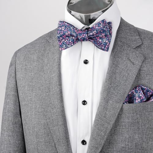 Alizeal Mens 2pcs Classic Floral Pattern Self-tied Bow Tie and Handkerchief Set - color: 045-navy/ Blue/ Pink