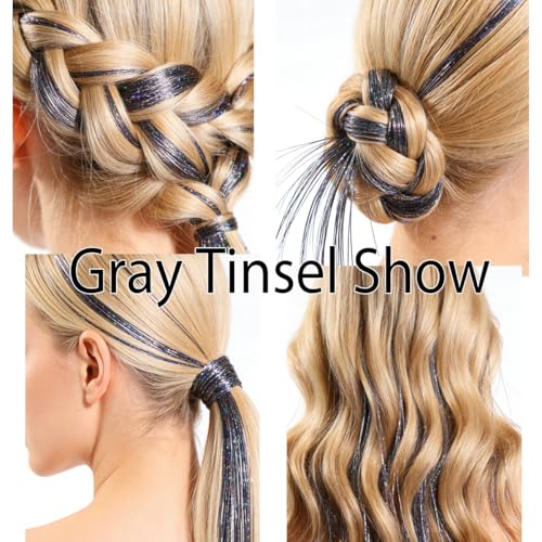 Celinebella Charcoal Grey Hair Tinsel, 48" 1250 Strands Smoky Shimmer | Unique smoky gunmetal gray with cool blue undertones, trendy edgy, heat resistant, for fashion daily wear - color: 18-Gunmetal Holographic, size: 48 Inch Pack of 5Pcs