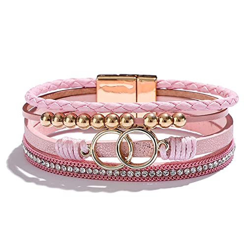 Long tiantian Leather Bracelets for Women Men Heart Wrap Bracelets Western Jewelry Cowgirl Outfits Birthday Gifts for Her - color: E4:pink leather wrap bracelet