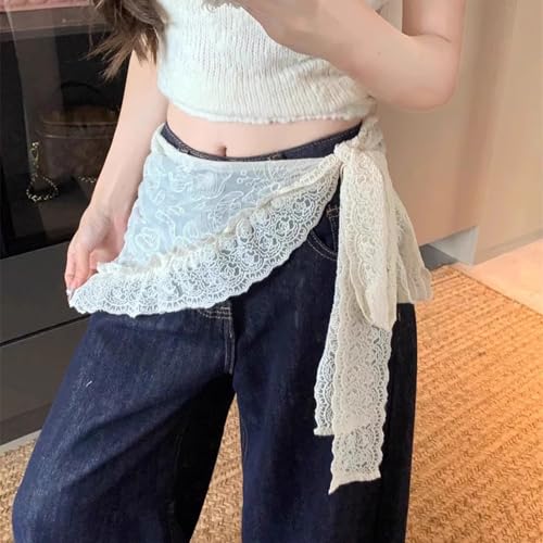 Women's Floral Lace Triangle Hip Scarf Head Kerchief Tie Waist Belt Sheer Hip Wrap Boho Head Scarf Hair Accessory - color: Z3-apricot