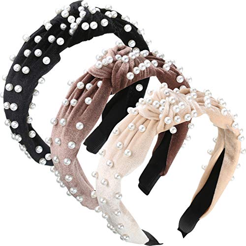 WILLBOND 3 Pieces Pearls Headband Knotted Headband for Women Velvet Pearls Headwear for Woman Hair Accessories (Beige, Pale Mauve, Black) - color: Beige, Pale Mauve, Black