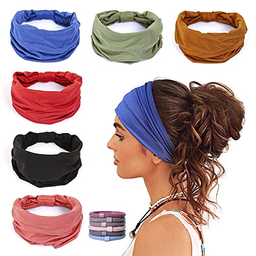 GiLi 6 Pack Wide Headbands for Women Non Slip Soft Elastic Hair Bands Yoga Running Sports Workout Gym Head Wraps, Knotted Cotton Cloth African Turbans Bandana (with 6 Pcs Hair Ties) - color: 6 Color (Black+Brown+Red+Green+Blue+Pink)