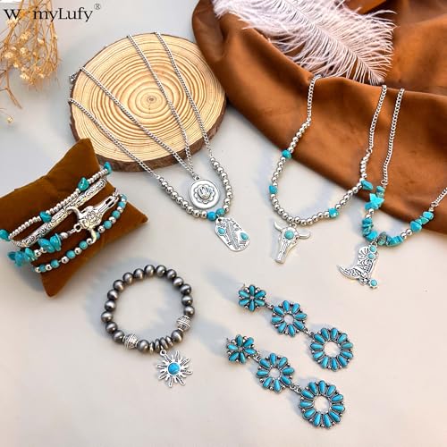 Turquoise Western Jewelry Set for Women, Boho Cowgirl Earrings Bracelet Stack and Layered Necklace, Silver Tone, Multiple Styles - style: Sunflower