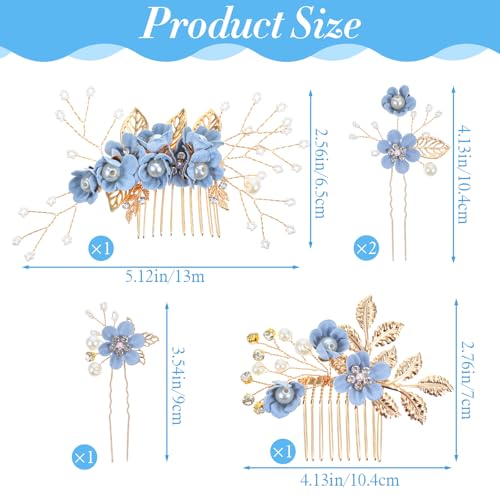 5 Pcs Bridal Hair Comb Pins Wedding Hair Piece Blue Flower Rhinestone Hairs Clips for Women Vintage Blue Wedding Accessories Floral Bun Updo Hairs Comb for Weddings Party Brides Bridesmaid Women