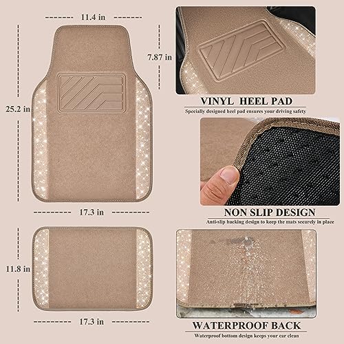 CAR PASS Bling Car Mats Shining Diamond Carpet Crystal Rhinestones Sparkly Glitter Floor Mats with Anti-Slip PVC Heel Pad Universal Fit for Automotive SUV, Sedan, Car, Van, 4pcs for Girl Women, Beige - color: Beige