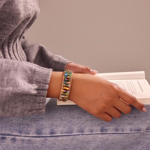 Sriomu 7 Chakra Bracelets for Women Handmade Natural Jasper Stone Healing Bead Bracelet Women Men Boho Friendship Inspirational Jewelry Natural Jasper Stone Double Layer Healing Bead Jewelry Gifts - color: Colored-Leather