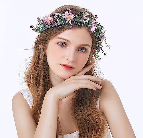 Vivivalue Wedding Floral Crown Adjustable Flower Headband Hair Wreath Floral Headpiece Halo Boho with Ribbon Party Prom Festival Photos - color: 3