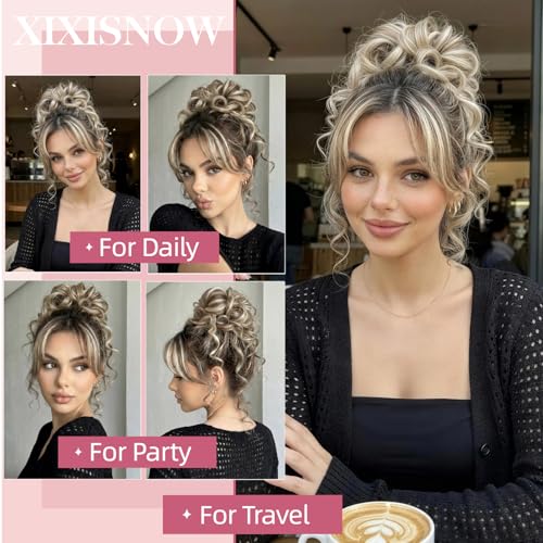 Real Human Hair Messy Bun Piece for Women, Tousled Updo Hairpieces, Curly Wavy Buns Extension Scrunchie with Tendrils, Natural Chignon Fake Hairbun for Daily Use, Medium Brown Mix White 33g - color: Medium Brown Mix White
