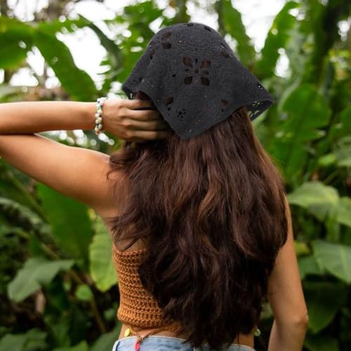 DRESHOW Floral Crochet Hair Bandana Tie Knotted Headscarf Vintage Headband Knitted Head Kerchief for Women Girls - color: 2 Pcs Floral Crochet (Khaki + Black)