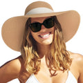 FURTALK Womens Sun Straw Hat Wide Brim UPF 80 Summer Hat Foldable Packable Floppy Beach Hats for Women - color: Khaki With Beige Band, size: Medium-Large