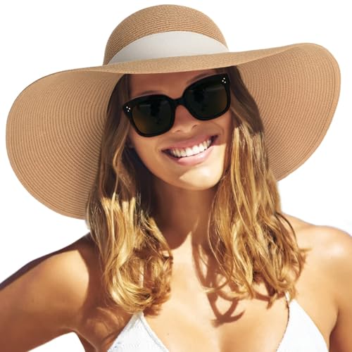 FURTALK Womens Sun Straw Hat Wide Brim UPF 80 Summer Hat Foldable Packable Floppy Beach Hats for Women - color: Khaki With Beige Band, size: Large-X-Large