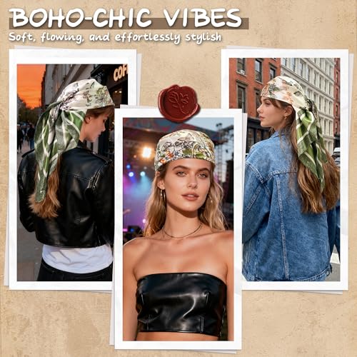 Large Square Head Scarf Bandana - 35" Satin Hair Scarf for Women Like Silk Scarf Fashion Hair Wrapping - color: Garden Butterfly(green), size: 35IN*35IN