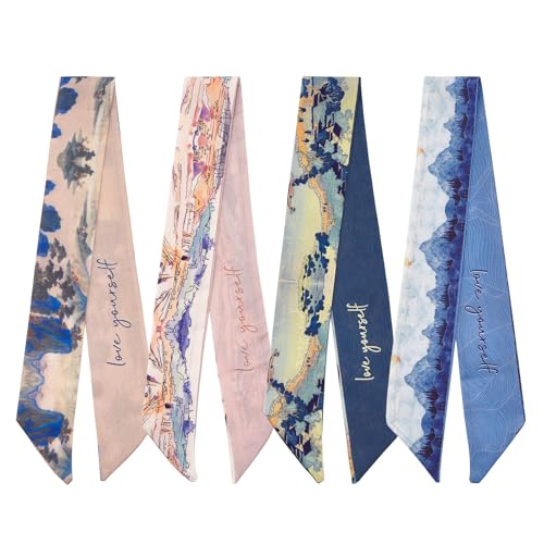 QIUTIMIY 4 Pack Purse Scarf Handbags Skinny Twill Hair Scarves Narrow Neck Scarf Band Women Fashion Accessories Bag Charms - color: Style 2-8
