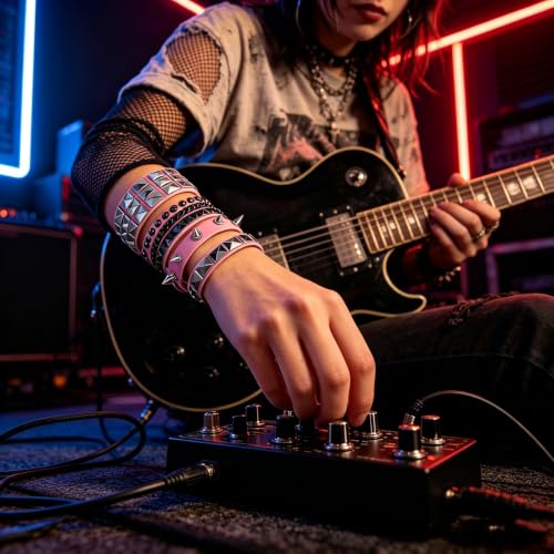 Handmade Black Leather Wrap Studded Bracelets for Women Men, 4Pcs Vintage Punk Wrist Cuff Bangle Wristband Emo Jewelry Gifts - style: Pink Square Stud Style