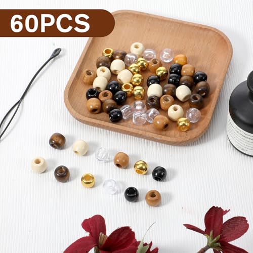 60 Pcs Hair Braids Beads, 12 mm Hair Beads for Women, Multi-Style Wooden Hairs Bead Jewelry for Adult, Men, Dreadlocks Accessories