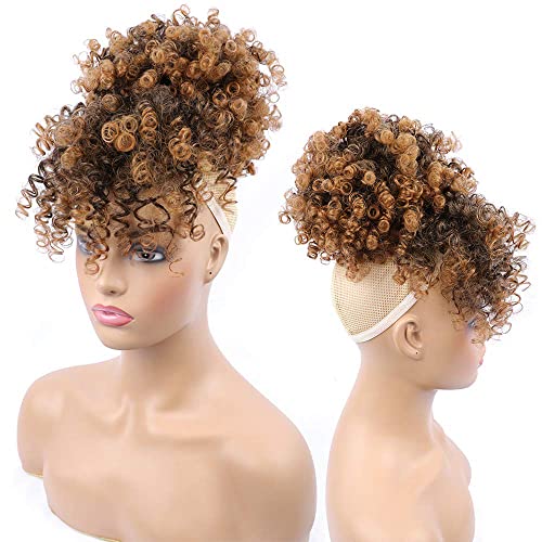 Afro Puff Drawstring Ponytail for Black Women, Kinky Curly Synthetic Hair Bun Extension with Bangs, Short Clip in Updo Hairpiece, T30 Ombre - color: T30