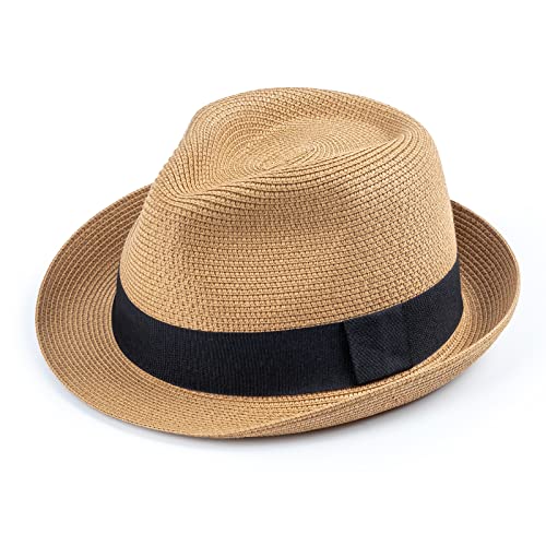 DRESHOW Women Straw Sun Hat Short Brim Panama Travel Fedora Summer Hat Roll Up Beach Cap for Women UPF 50+ - color: Ab Khaki G