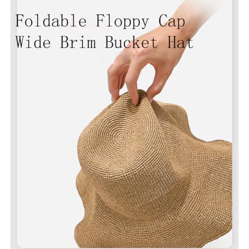 Women Straw Sun Hat Summer Beach Hats Foldable Floppy Cap Wide Brim Bucket Hat Solid Handmade Sun Protection Caps - color: Khaki