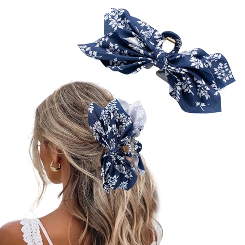 Bow Claw Clips Bow Hair Clips Blue White 1PCS Big Hair Bows for Women Butterfly Styling Large Hair Clips for Thick Hair for Girls Hair Accessories for Teens - color: 1PC-Blue Floral