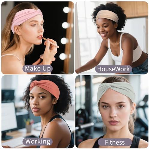 12 Pcs Stretchy Headbands for Women, Absorbed Sport Headband Soft Twist Knotted Hairbands for Daily Life Yoga Workout(Warm Morandi) - color: Warm Morandi