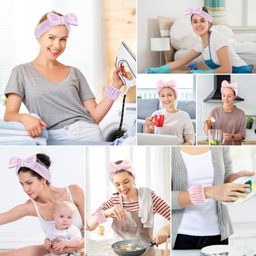 Dorbetar 6Pack Headband and Wristband Set for Washing Face, Spa Skincare Makeup Headband, Soft Puffy Hair Band Bow Tie, for Women and Teen Girl Trendy Stuff Gifts - color: Pink+purple