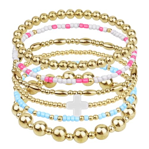 Gold Beaded Bracelets for Women: 14K Gold Bracelets for Women Trendy Dainty Gold Ball Bracelet Stack for Womens - Boho Stretch Bracelets Jewelry Sets with Cross Fashion Accessories Gifts for Women - style: White Cross