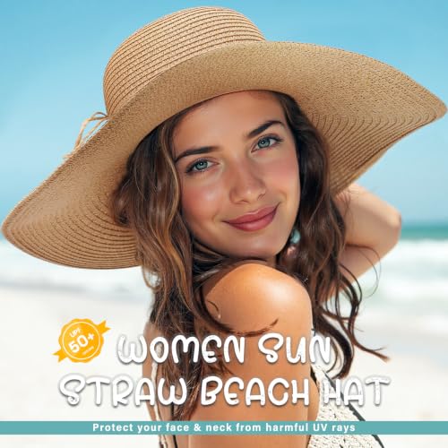Sun Hats for Women, Straw Hats UPF 50+ Sun Protection, Wide Brim Womens Beach Hat for Summer Travel - color: Khaki - Shell