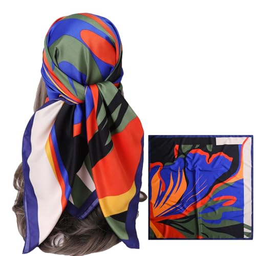 Women's Square Silk Like Head Scarf Large 35 inch Silk Feeling Hair Wrapping Satin Scarves for Sleeping Bandanas - color: A003-3 Twill Blue