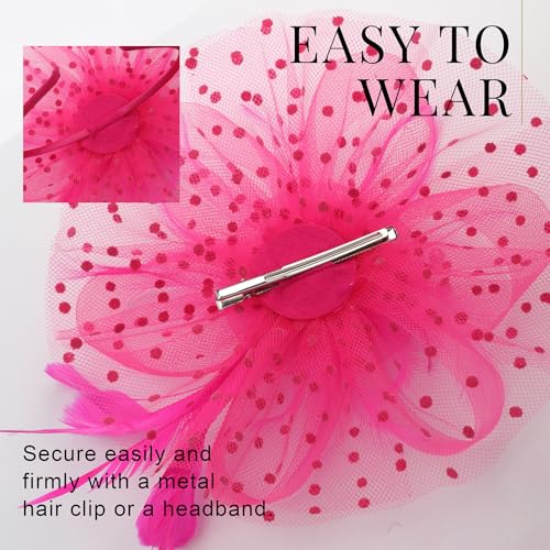 DRESHOW Fascinators Hat Flower Mesh Ribbons Feathers on a Headband and a Clip Tea Party Headwear for Girls and Women - color: 7" Diameter / Fuschia