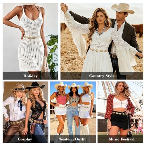 XZQTIVE Women Boho Chain Belts For Dresses Jeans Western Cowgirl Waist Links Belt Adjustable Metal Concho Belt - size: Fit Waist upto 36inches, style: White Turquoise Matte Gold