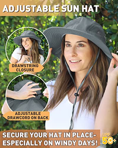 Tirrinia Wide Brim Sun Hat with Neck Flap for Men & Women, Breathable Hiking Fishing Safari Hat, Outdoor UV Protection Cap - color: # Dark Grey