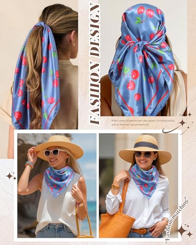 AWAYTR 35” Square Satin Head Scarf Hair Scarf for Women's Hair Silk Bandana for Women Silk Head Wrap for Sleeping - color: Cherry Blue