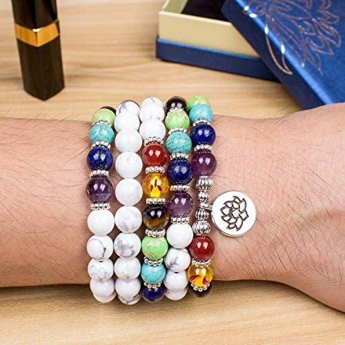 108 Mala Beads Necklace 7 Chakra Buddhist Prayer Beaded Bracelet Tree of Life Pendant Stone Yoga Necklace - color: White Howlite-Lotus