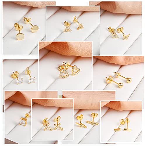 BOUTIQUELOVIN 14K Gold Stud Earrings Set for Women, for Multiple Piercing Silver Plated Studs Earrings and Zirconia Earring Set Small Huggie Hoop Chain Earing - color: 10Pairs Gold Studs
