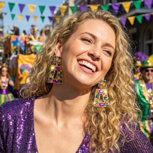 Rhinestone Rectangle Statement Earrings Colorful Crystal Geometric Drop Dangle Earrings for Women Prom Party - color: Mardi Gras