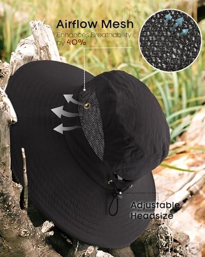 FURTALK Womens Sun Hat with Ponytail Hole Beach Hiking Summer Wide Brim UPF 50+ Outdoor Protection Foldable Bucket Hat - color: Black