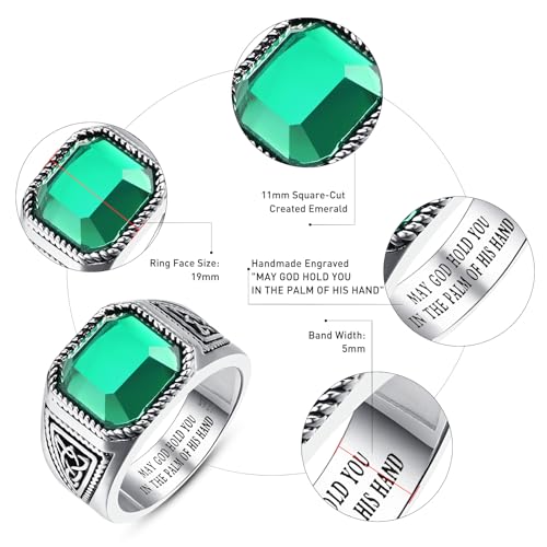 7ct Vintage Teal Turquoise|Emerald|Black Onyx Ring for Men 925 Sterling Silver Men Rings 11mm Square-Cut Mens Cocktail Rings Celtic Pattern Band for Dad Father Size 7-12 - color: Irish Celtic Knot-Simulated Emerald